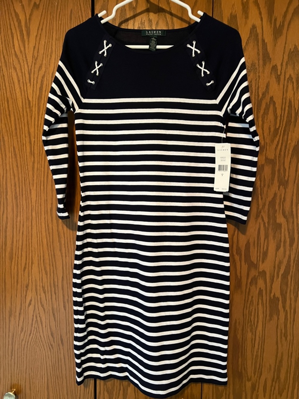 Lauren Ralph Lauren Navy & White Striped Knit Midi Dress with Lace-Up Shoulders